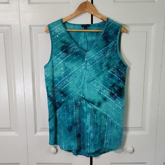 Sami & Jo Tops - Sami & Jo Plus Blue Ombre Sequin Tank Top Size 1X Embroidered Back Slit Colorful